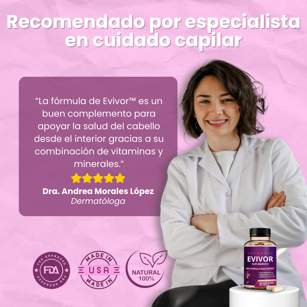 Evivor™ | Suplemento Capilar con Biotina 10,000 mcg y Colágeno – 120 Cápsulas